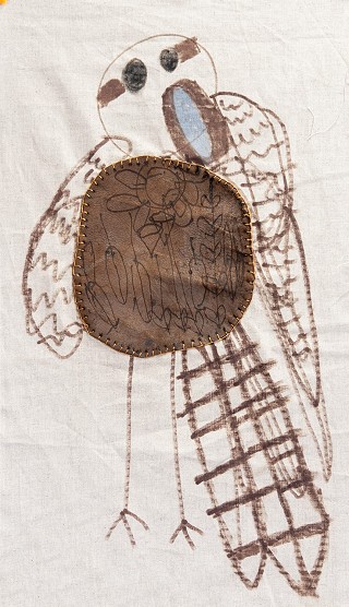 Catherine McGuiness, Kookaburra (68 x 38), 2024, leather, pyrography, waxed thread and acrylic on linen.  Courtesy the artist and Studio A