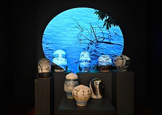 River Theatre, 2024, stoneware ceramic with glaze, video, sound. Photography by Julie Slavin